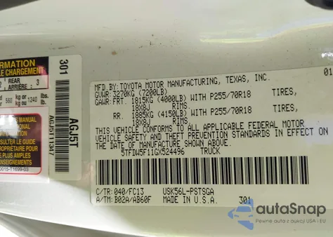 2016 Toyota Tundra Crewmax Sr5/Trd Pro z USA, uszkodzony, nr VIN 5TFDW5F11GX524496